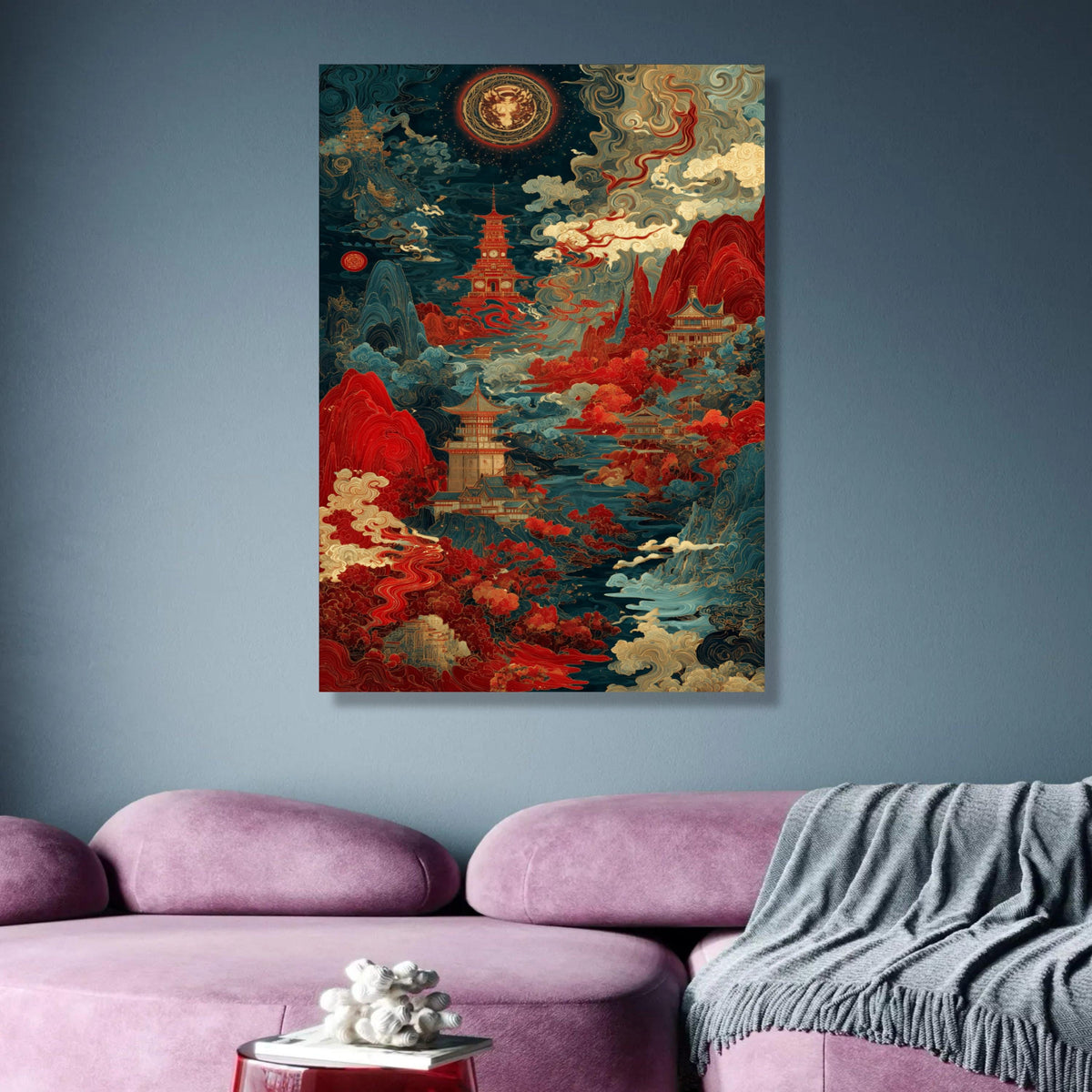 Mystical Asian Landscape Canvas, Pagoda Wall Art, Traditional Japanese Style, Red and Blue Nature wall decoration, canvas print, wall art