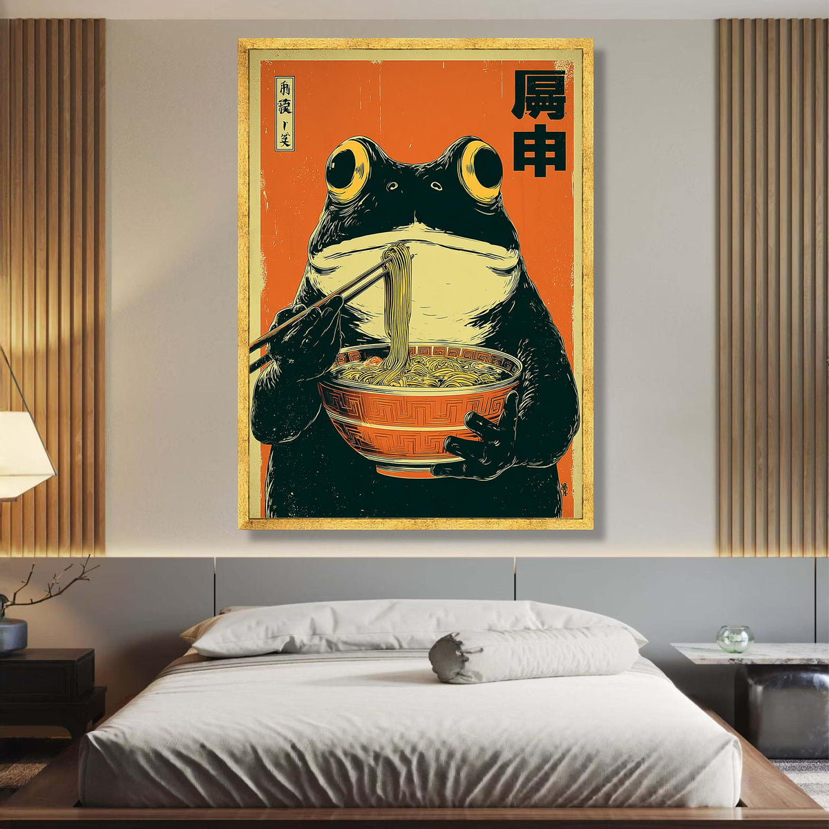 Vintage Style Frog Eating Ramen Noodles Canvas, Asian Kitchen Wall Art, Quirky Animal Illustration, wall decoration, canvas print, wall art