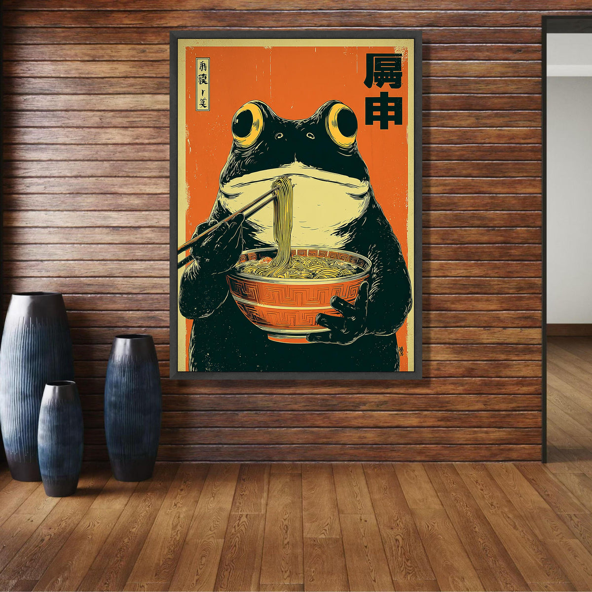 Vintage Style Frog Eating Ramen Noodles Canvas, Asian Kitchen Wall Art, Quirky Animal Illustration, wall decoration, canvas print, wall art