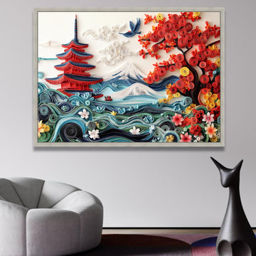 Japanese Pagoda and Mount Fuji Canvas, Quilling Art Style Nature Landscape, Red Autumn Tree Wall wall decoration, canvas print, wall art