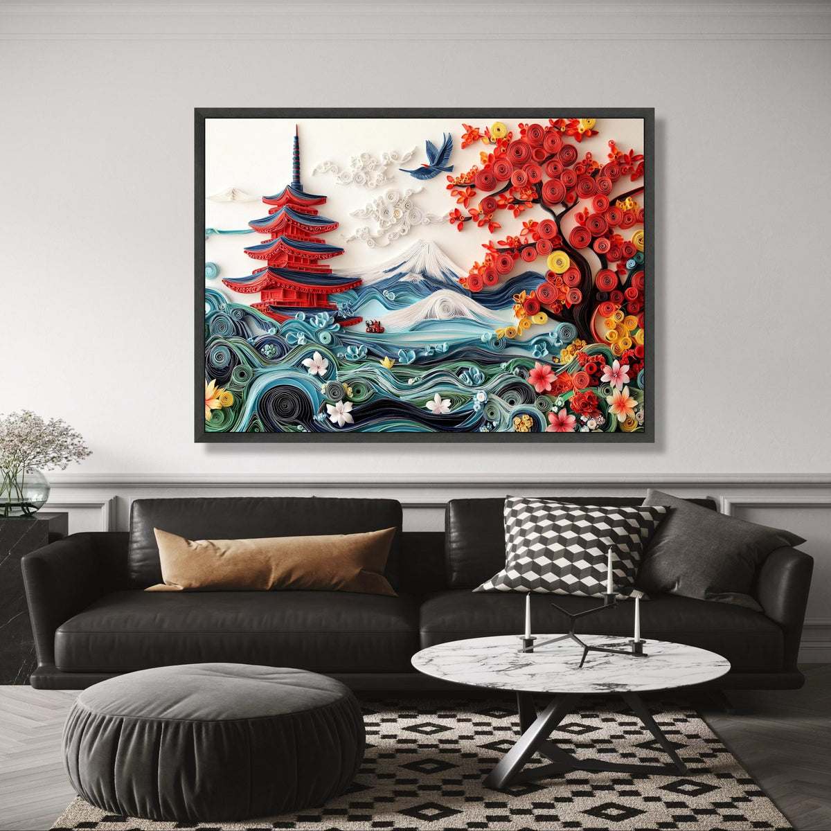 Japanese Pagoda and Mount Fuji Canvas, Quilling Art Style Nature Landscape, Red Autumn Tree Wall wall decoration, canvas print, wall art