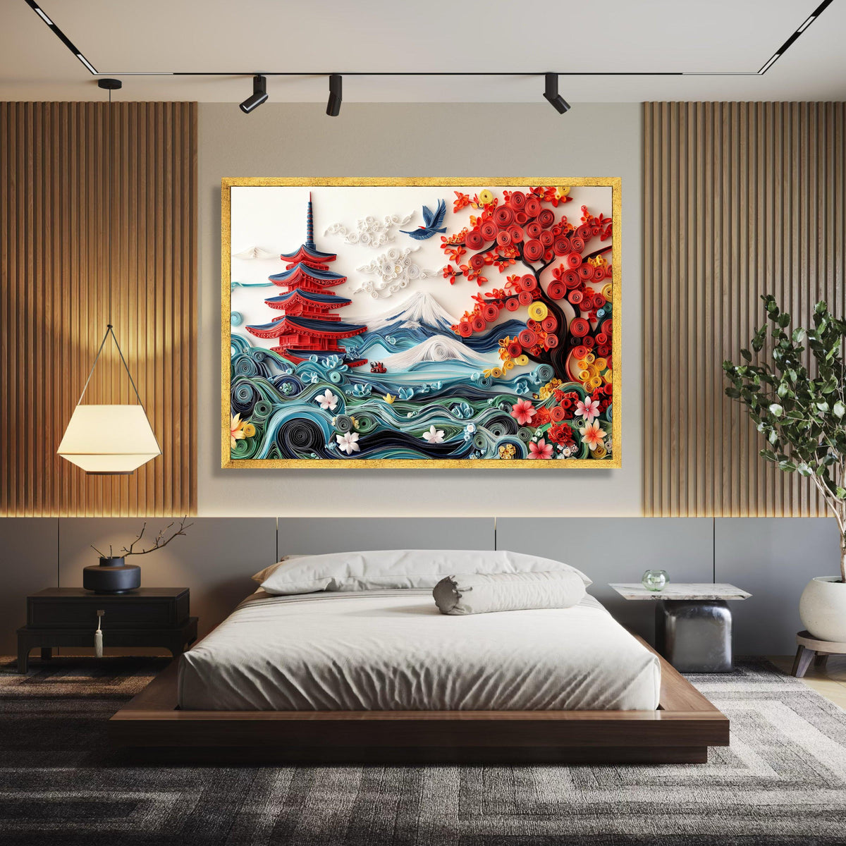 Japanese Pagoda and Mount Fuji Canvas, Quilling Art Style Nature Landscape, Red Autumn Tree Wall wall decoration, canvas print, wall art