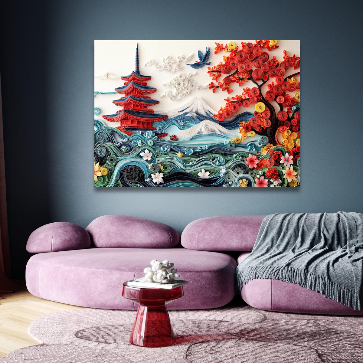 Japanese Pagoda and Mount Fuji Canvas, Quilling Art Style Nature Landscape, Red Autumn Tree Wall wall decoration, canvas print, wall art