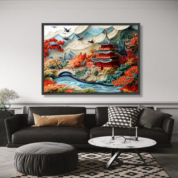 Japanese Pagoda Landscape Canvas, Quilled Paper Art Style, Autumn Garden Wall Decor, Asian Nature wall decoration, canvas print, wall art