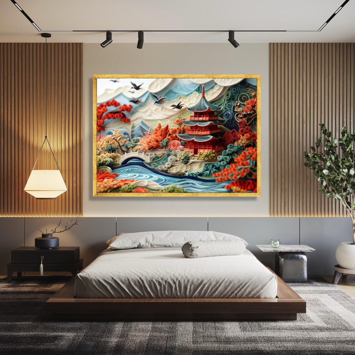Japanese Pagoda Landscape Canvas, Quilled Paper Art Style, Autumn Garden Wall Decor, Asian Nature wall decoration, canvas print, wall art