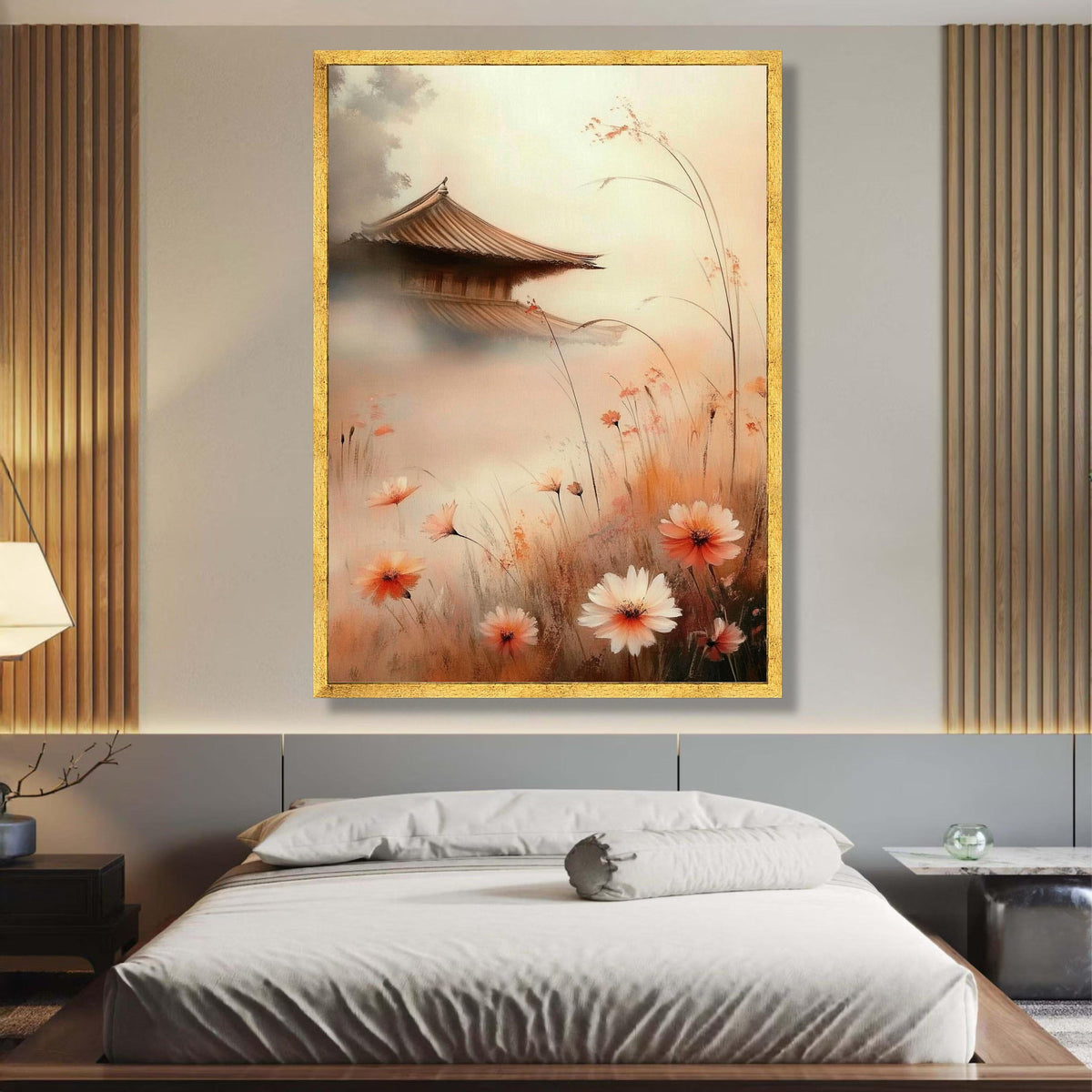 Tranquil Asian Pagoda Scene, Misty Garden Canvas, Soft Floral Wall Art, Zen Nature Landscape, wall decoration, canvas print, wall art