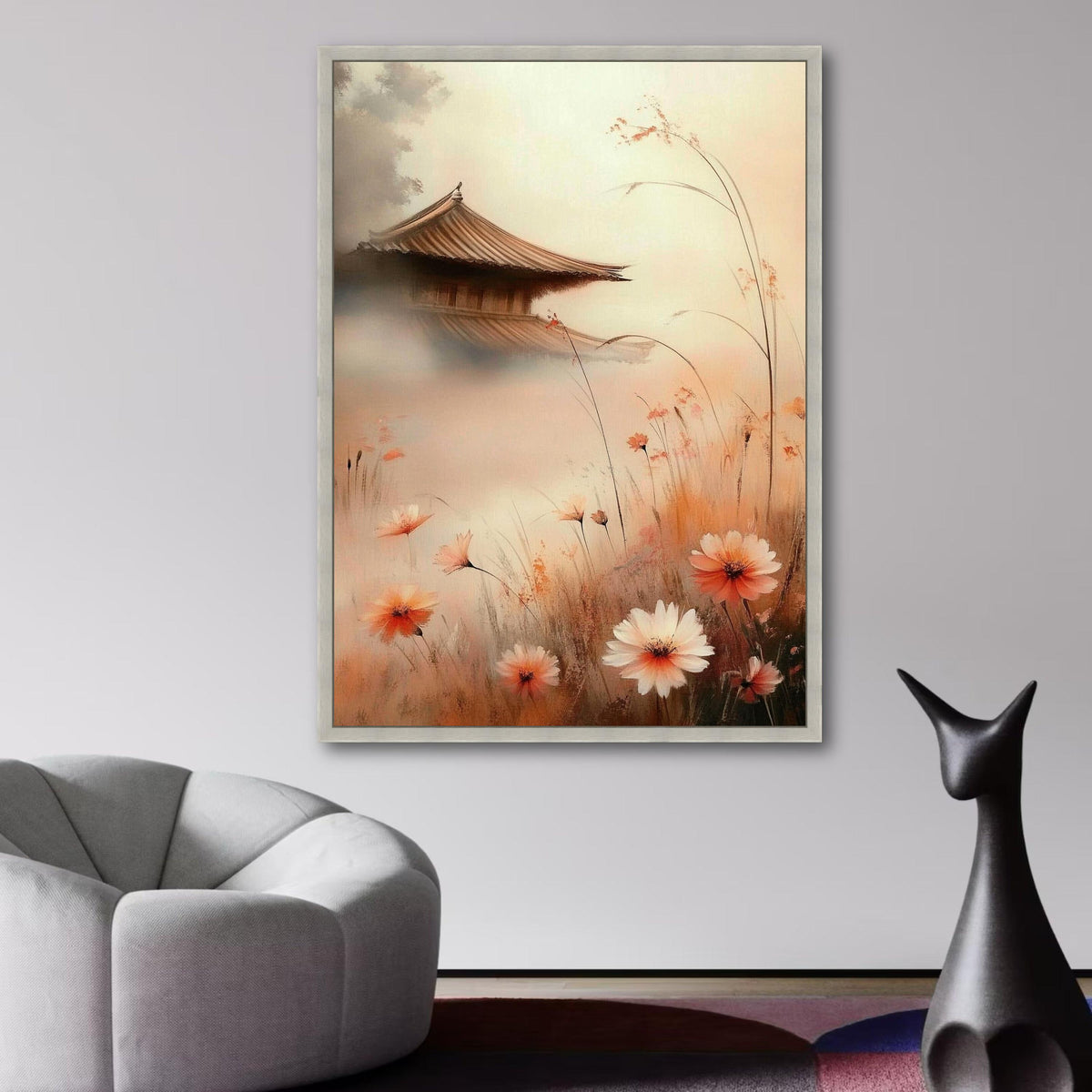 Tranquil Asian Pagoda Scene, Misty Garden Canvas, Soft Floral Wall Art, Zen Nature Landscape, wall decoration, canvas print, wall art