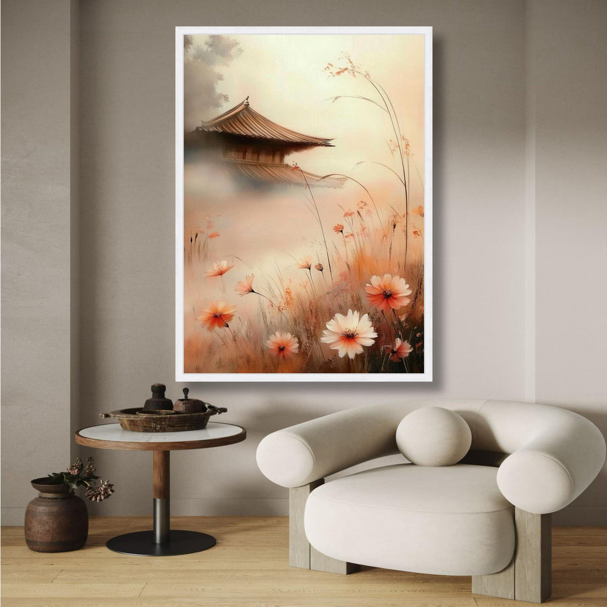 Tranquil Asian Pagoda Scene, Misty Garden Canvas, Soft Floral Wall Art, Zen Nature Landscape, wall decoration, canvas print, wall art