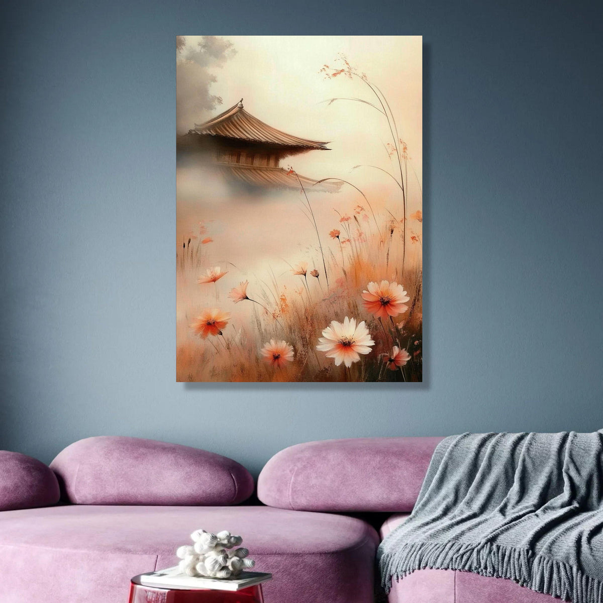 Tranquil Asian Pagoda Scene, Misty Garden Canvas, Soft Floral Wall Art, Zen Nature Landscape, wall decoration, canvas print, wall art