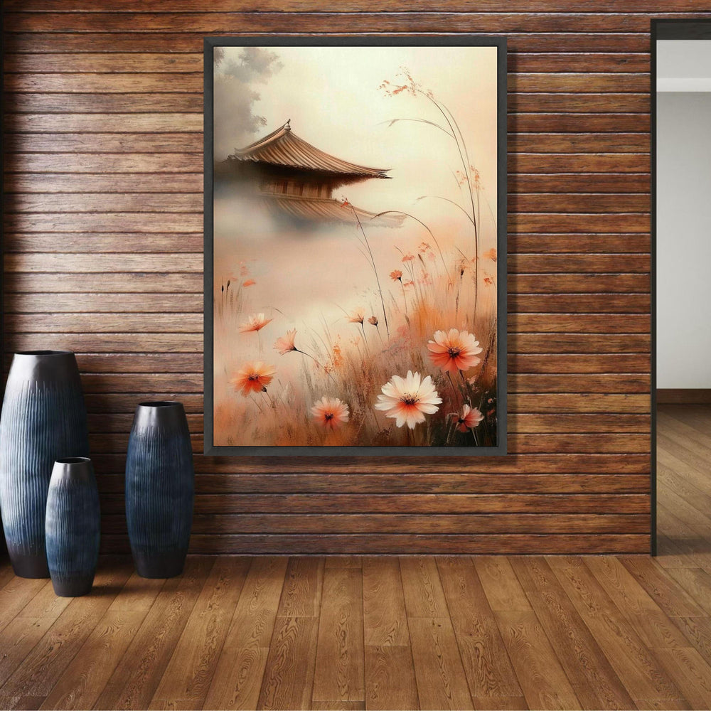 Tranquil Asian Pagoda Scene, Misty Garden Canvas, Soft Floral Wall Art, Zen Nature Landscape, wall decoration, canvas print, wall art