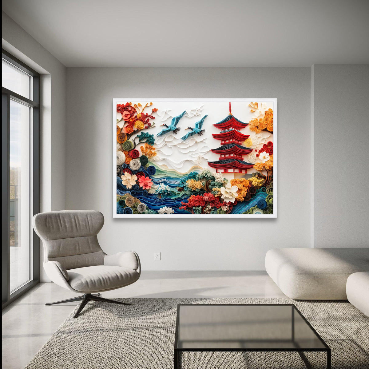 Japanese Pagoda and Flying Cranes Canvas, Colorful Floral Paper Art Style, Scenic Asian Landscape wall decoration, canvas print, wall art
