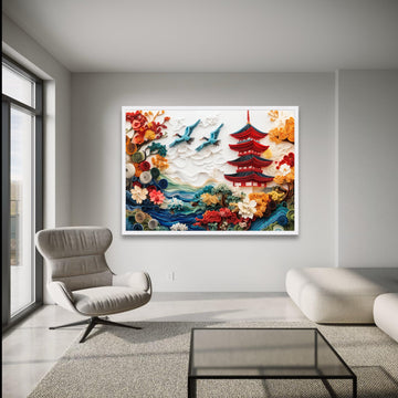 Japanese Pagoda and Flying Cranes Canvas, Colorful Floral Paper Art Style, Scenic Asian Landscape wall decoration, canvas print, wall art
