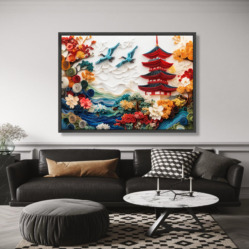 Japanese Pagoda and Flying Cranes Canvas, Colorful Floral Paper Art Style, Scenic Asian Landscape wall decoration, canvas print, wall art