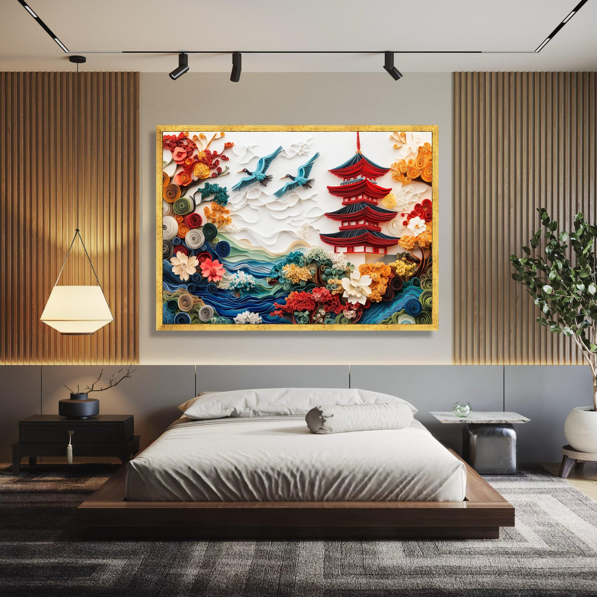 Japanese Pagoda and Flying Cranes Canvas, Colorful Floral Paper Art Style, Scenic Asian Landscape wall decoration, canvas print, wall art