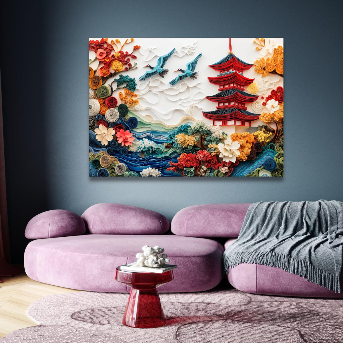 Japanese Pagoda and Flying Cranes Canvas, Colorful Floral Paper Art Style, Scenic Asian Landscape wall decoration, canvas print, wall art