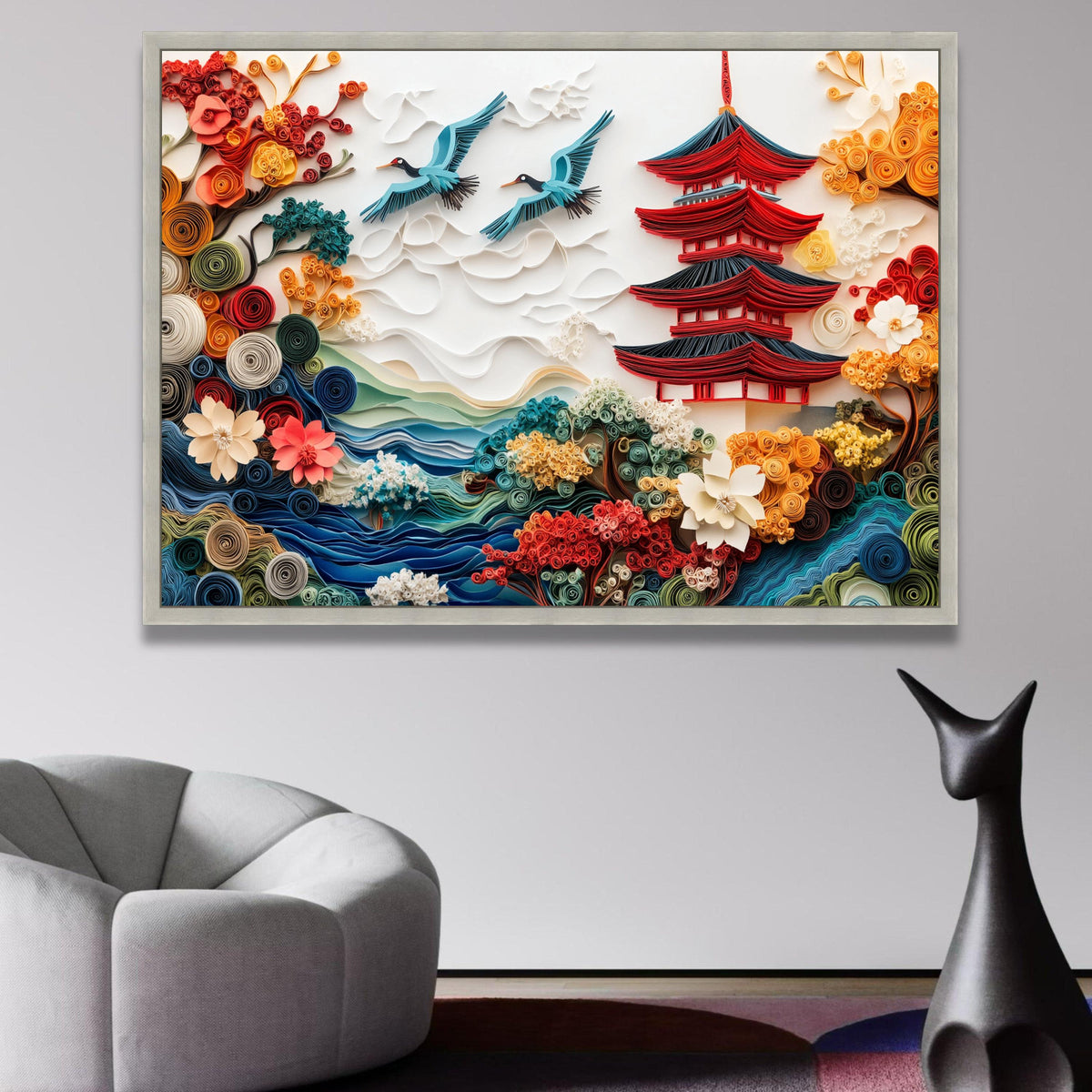 Japanese Pagoda and Flying Cranes Canvas, Colorful Floral Paper Art Style, Scenic Asian Landscape wall decoration, canvas print, wall art
