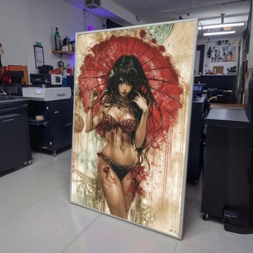 Elegant Asian Woman with Red Umbrella Canvas, Sensual Art Print, Exotic Female Portrait Wall Art, wall decoration, canvas print, wall art