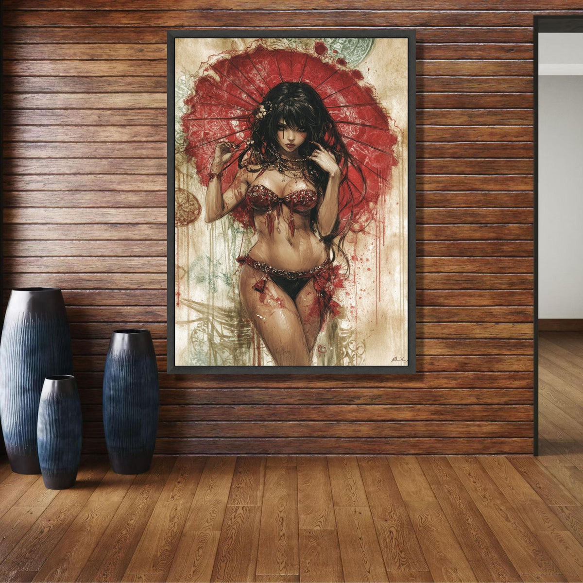 Elegant Asian Woman with Red Umbrella Canvas, Sensual Art Print, Exotic Female Portrait Wall Art, wall decoration, canvas print, wall art