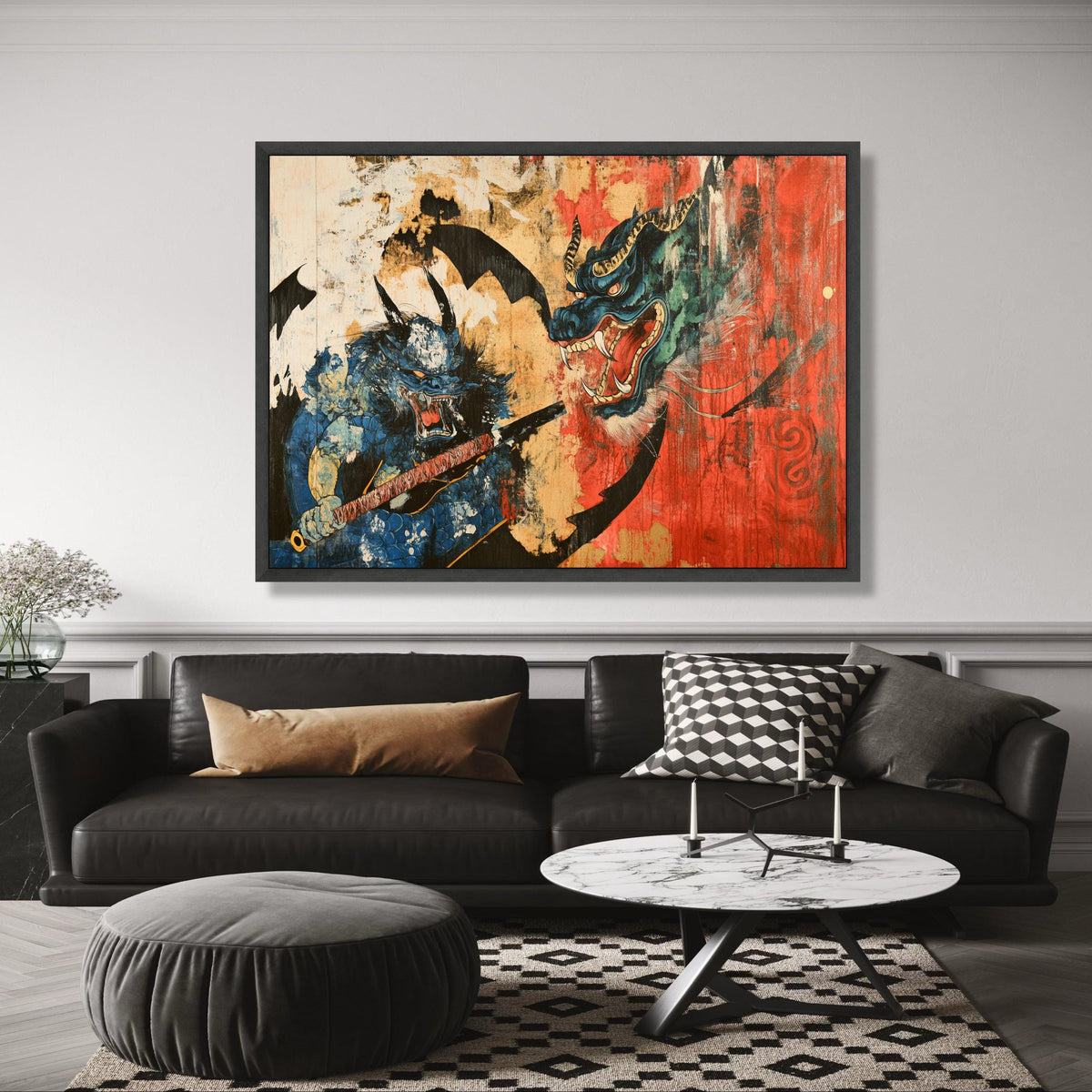 Fierce Oni Demon with Katana, Japanese Mythology Canvas, Traditional Dragon Art, Bold Red and Blue wall decoration, canvas print, wall art