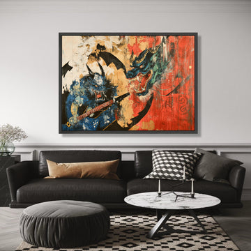 Fierce Oni Demon with Katana, Japanese Mythology Canvas, Traditional Dragon Art, Bold Red and Blue wall decoration, canvas print, wall art