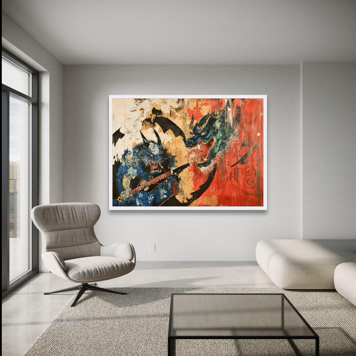 Fierce Oni Demon with Katana, Japanese Mythology Canvas, Traditional Dragon Art, Bold Red and Blue wall decoration, canvas print, wall art