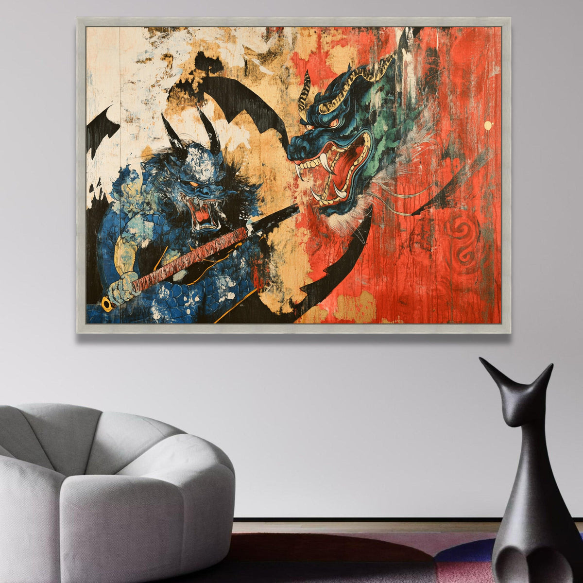 Fierce Oni Demon with Katana, Japanese Mythology Canvas, Traditional Dragon Art, Bold Red and Blue wall decoration, canvas print, wall art