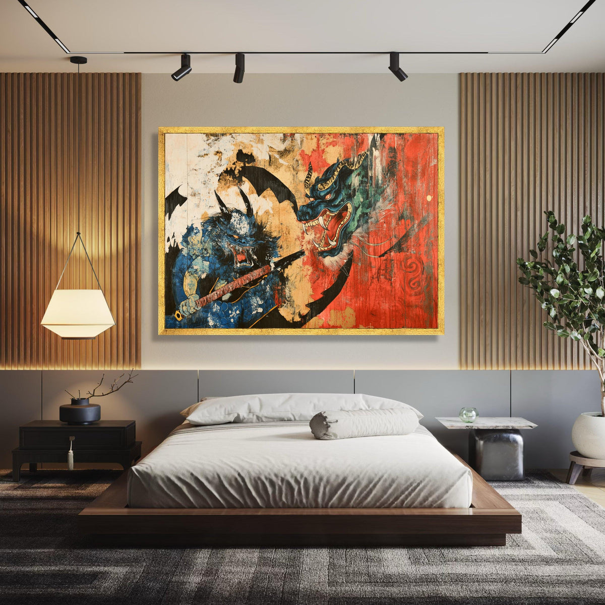 Fierce Oni Demon with Katana, Japanese Mythology Canvas, Traditional Dragon Art, Bold Red and Blue wall decoration, canvas print, wall art