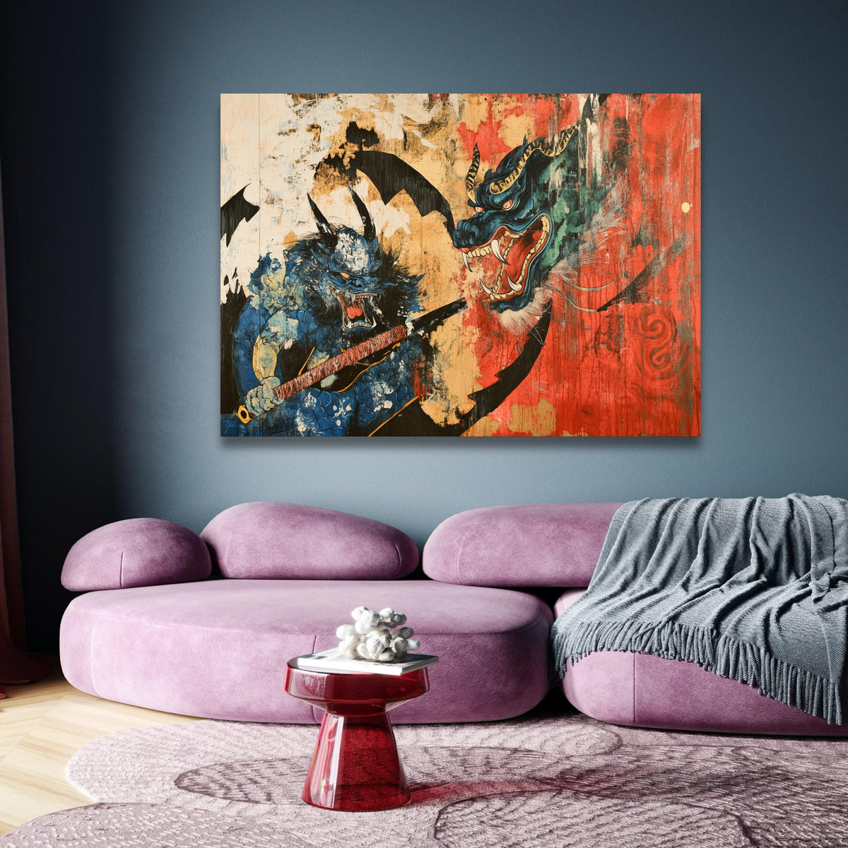 Fierce Oni Demon with Katana, Japanese Mythology Canvas, Traditional Dragon Art, Bold Red and Blue wall decoration, canvas print, wall art