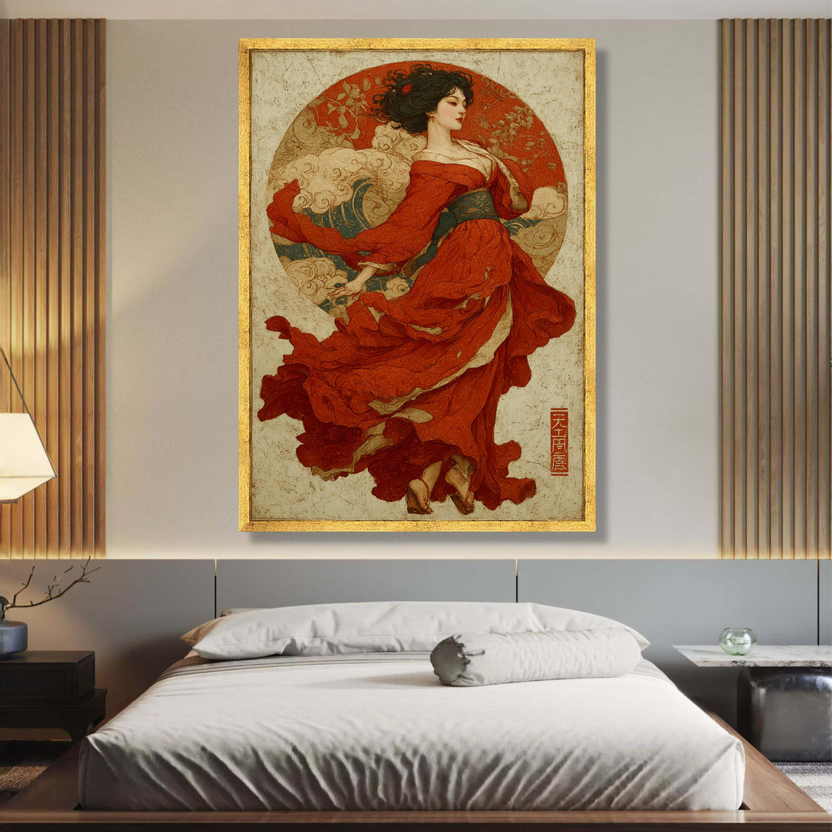 Elegant Asian Woman in Flowing Red Dress Canvas, Traditional Style Art, Oriental Wall Decor, Asian wall decoration, canvas print, wall art