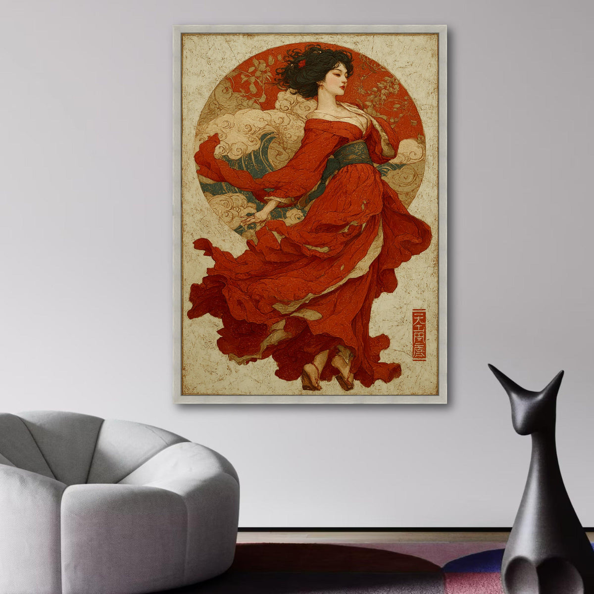 Elegant Asian Woman in Flowing Red Dress Canvas, Traditional Style Art, Oriental Wall Decor, Asian wall decoration, canvas print, wall art