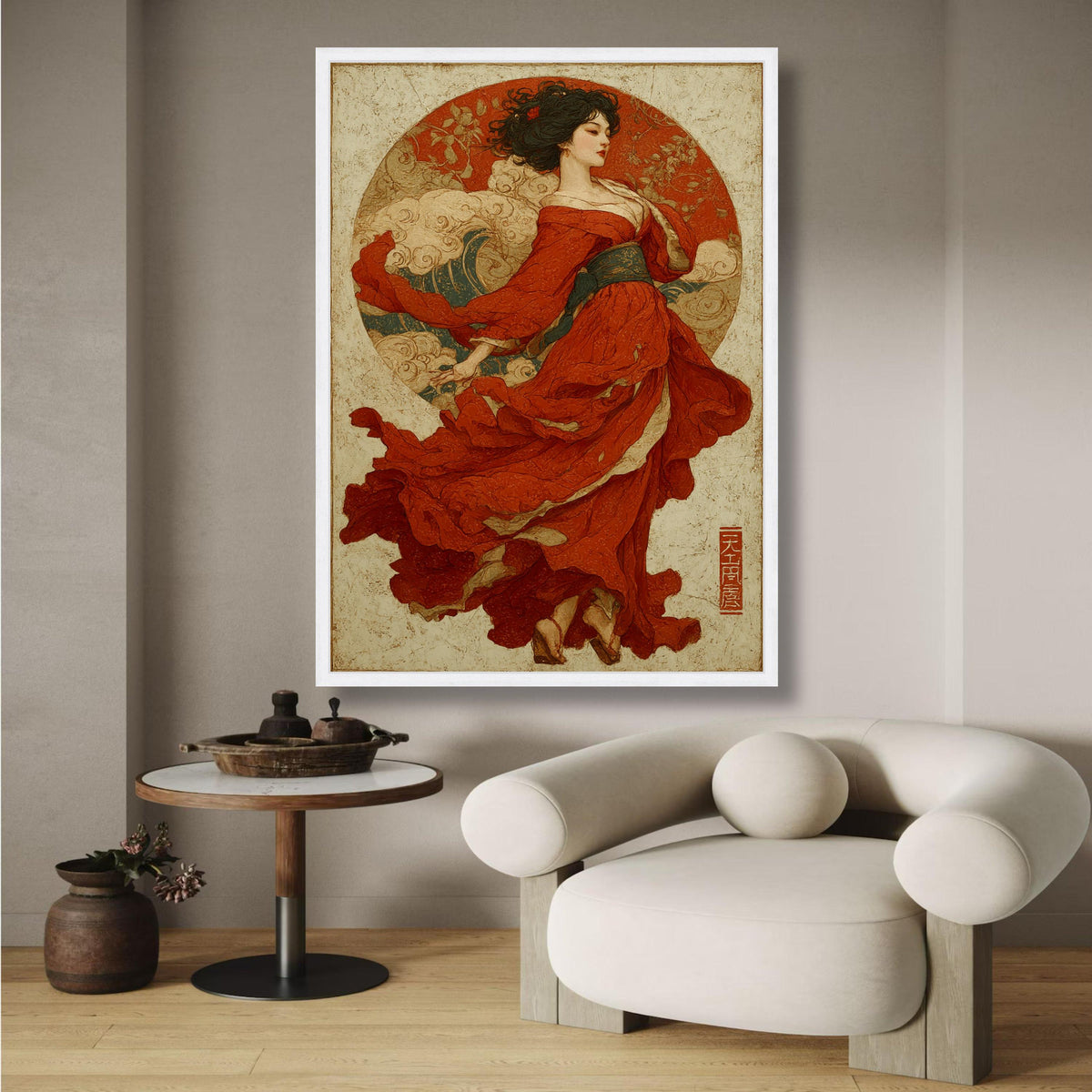 Elegant Asian Woman in Flowing Red Dress Canvas, Traditional Style Art, Oriental Wall Decor, Asian wall decoration, canvas print, wall art