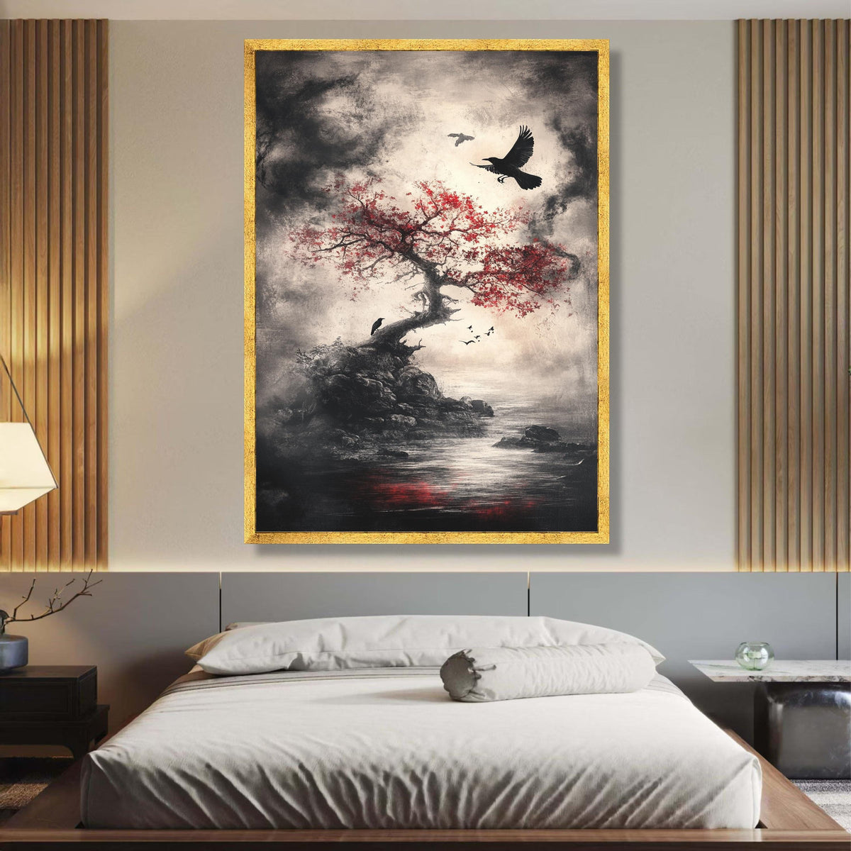 Moody Gothic Landscape Canvas, Red Maple Tree with Crows Wall Art, Dark Nature Scene Canvas Print, wall decoration, canvas print, wall art