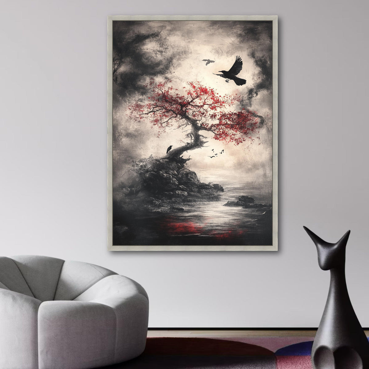 Moody Gothic Landscape Canvas, Red Maple Tree with Crows Wall Art, Dark Nature Scene Canvas Print, wall decoration, canvas print, wall art