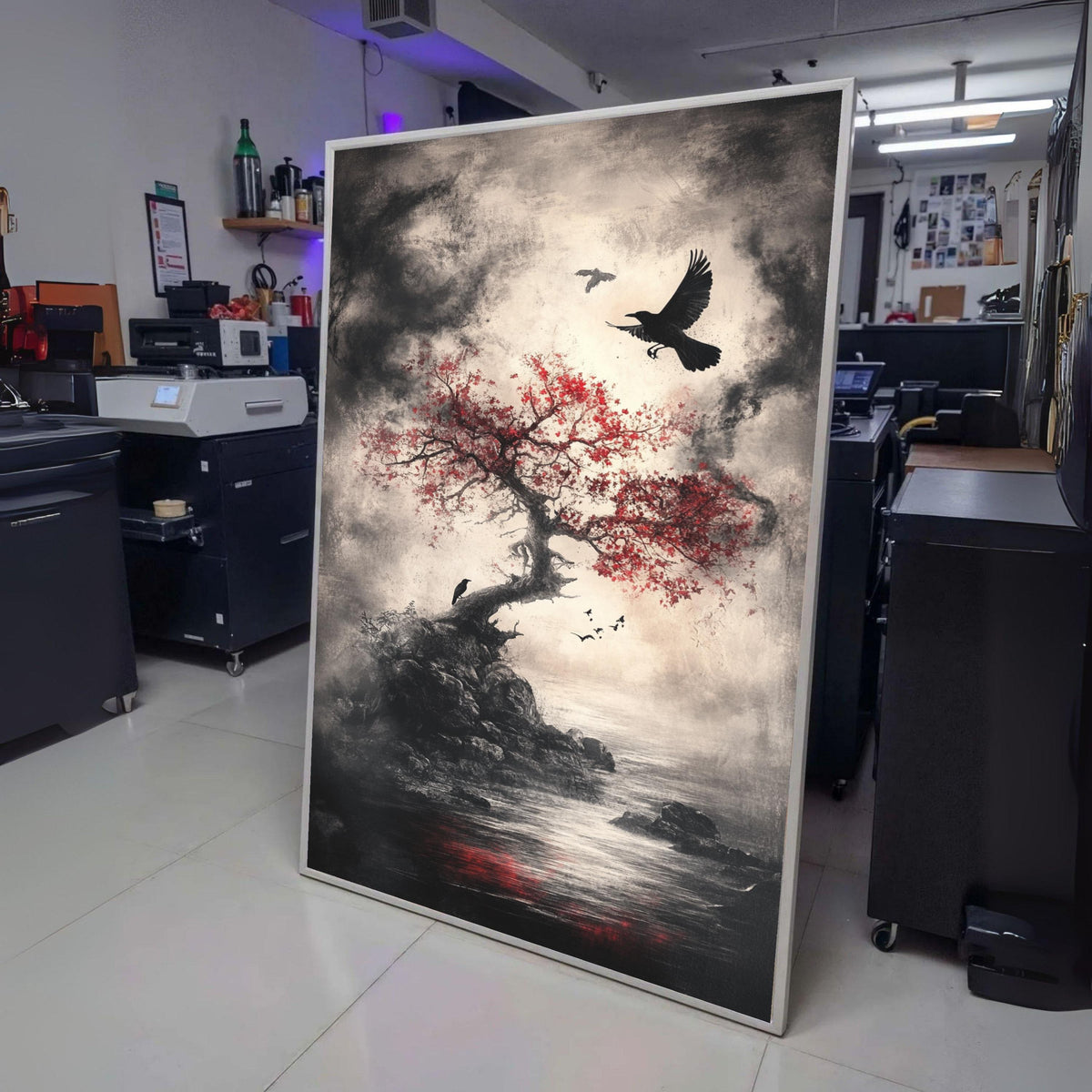 Moody Gothic Landscape Canvas, Red Maple Tree with Crows Wall Art, Dark Nature Scene Canvas Print, wall decoration, canvas print, wall art