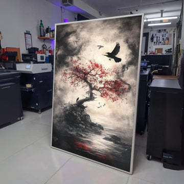 Moody Gothic Landscape Canvas, Red Maple Tree with Crows Wall Art, Dark Nature Scene Canvas Print, wall decoration, canvas print, wall art