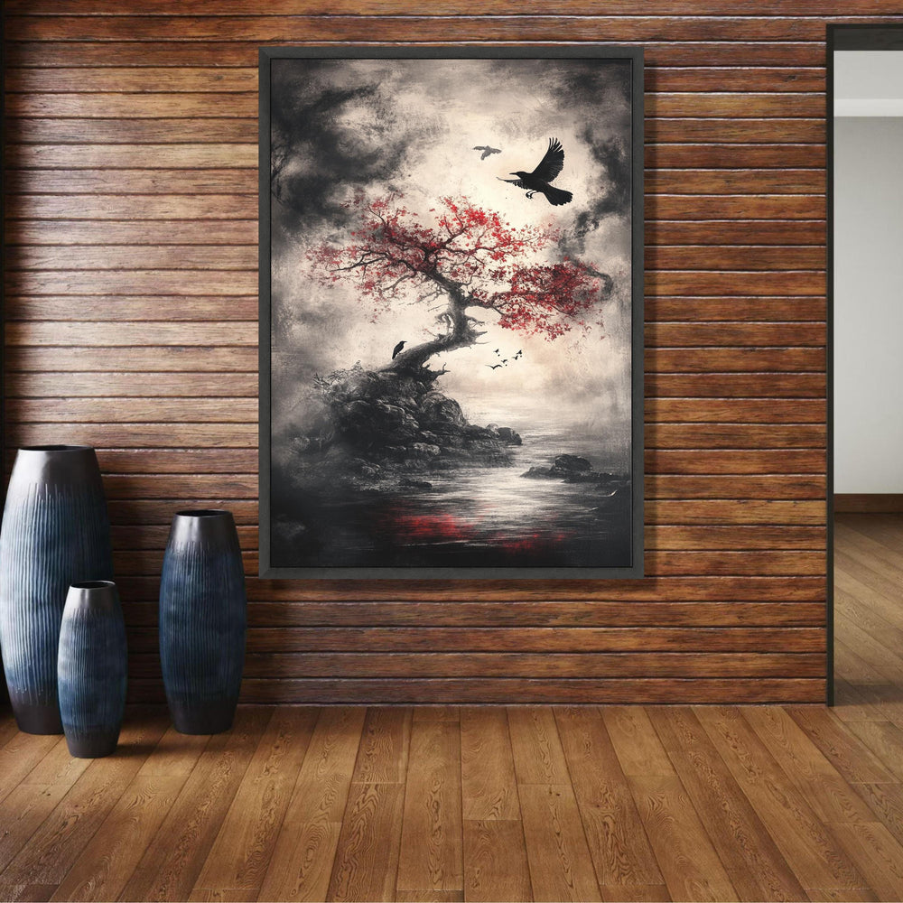 Moody Gothic Landscape Canvas, Red Maple Tree with Crows Wall Art, Dark Nature Scene Canvas Print, wall decoration, canvas print, wall art
