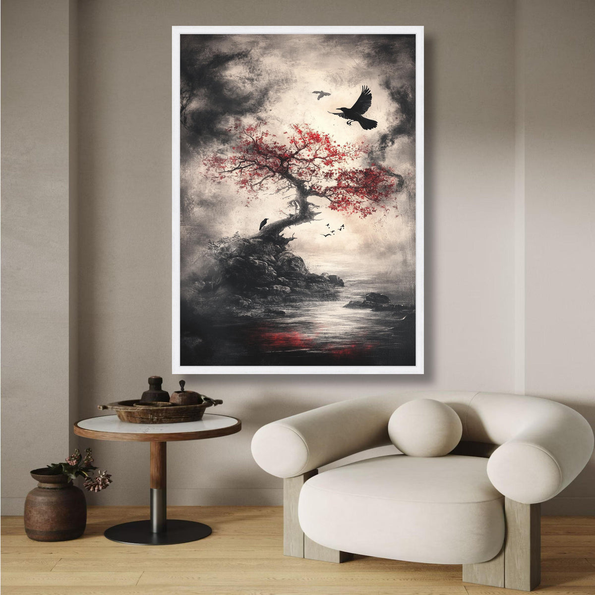 Moody Gothic Landscape Canvas, Red Maple Tree with Crows Wall Art, Dark Nature Scene Canvas Print, wall decoration, canvas print, wall art