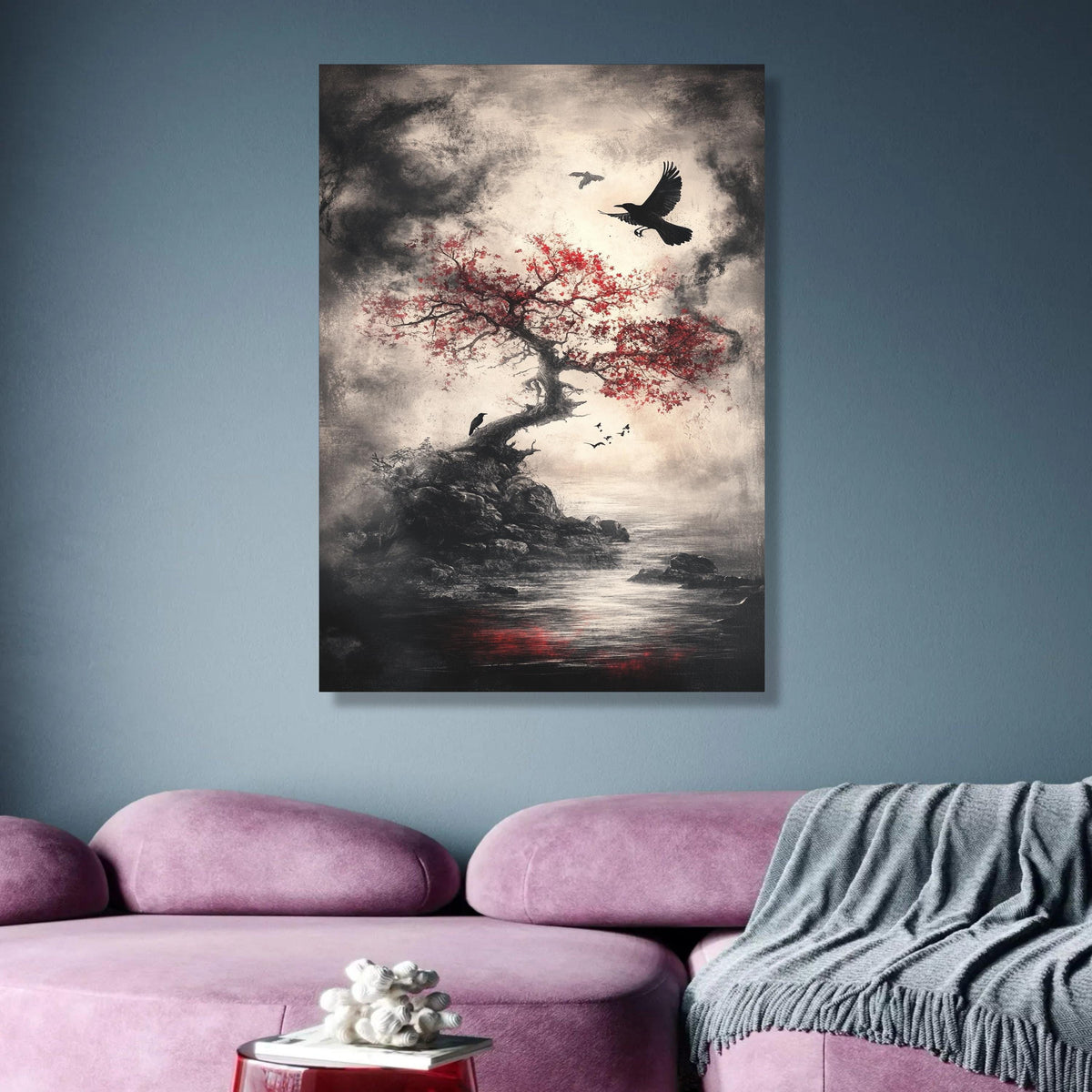 Moody Gothic Landscape Canvas, Red Maple Tree with Crows Wall Art, Dark Nature Scene Canvas Print, wall decoration, canvas print, wall art