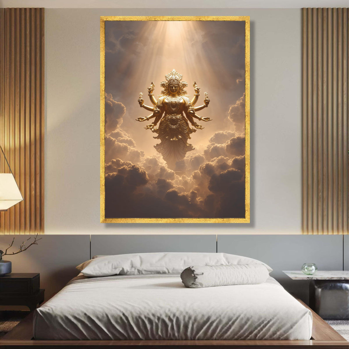 Golden Hindu Goddess Durga Canvas, Spiritual Wall Art, Mystical Divine Decor, Multi-Armed Deity wall decoration, canvas print, wall art