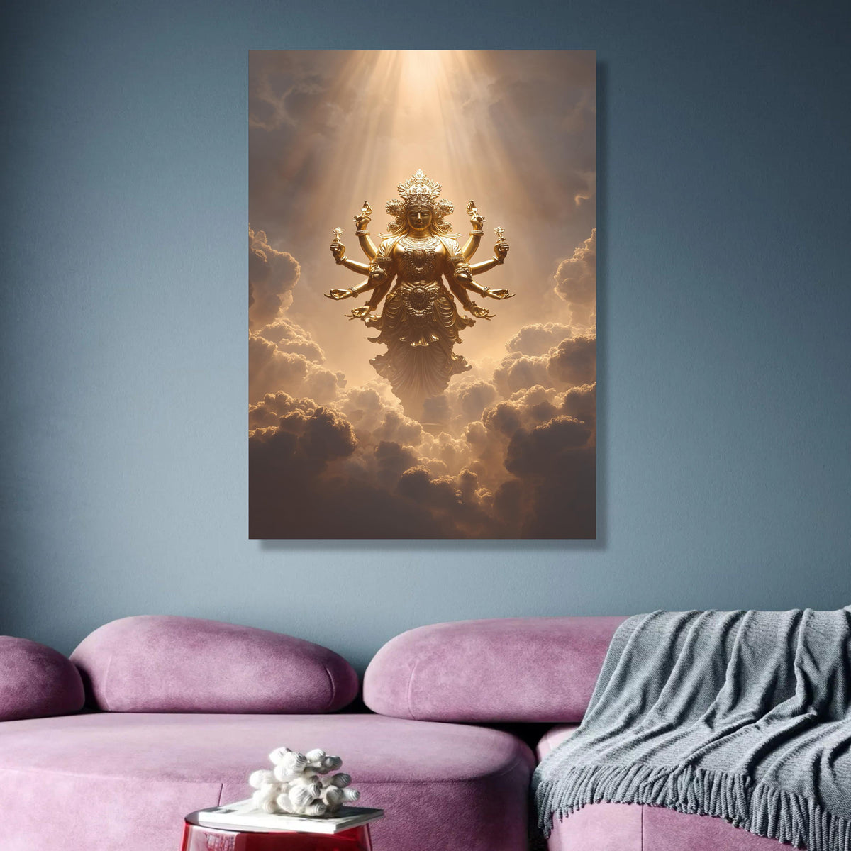 Golden Hindu Goddess Durga Canvas, Spiritual Wall Art, Mystical Divine Decor, Multi-Armed Deity wall decoration, canvas print, wall art