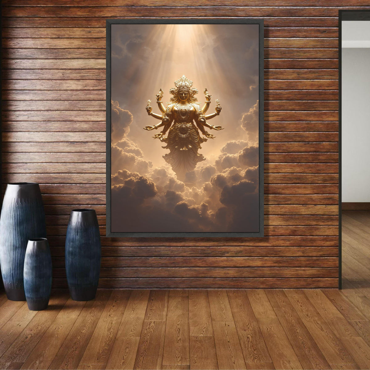 Golden Hindu Goddess Durga Canvas, Spiritual Wall Art, Mystical Divine Decor, Multi-Armed Deity wall decoration, canvas print, wall art