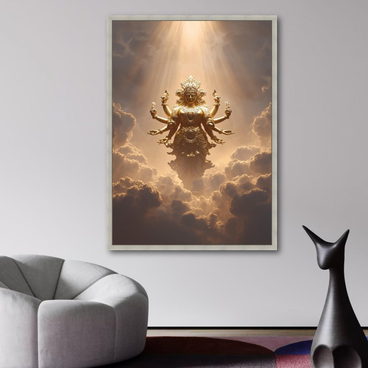 Golden Hindu Goddess Durga Canvas, Spiritual Wall Art, Mystical Divine Decor, Multi-Armed Deity wall decoration, canvas print, wall art