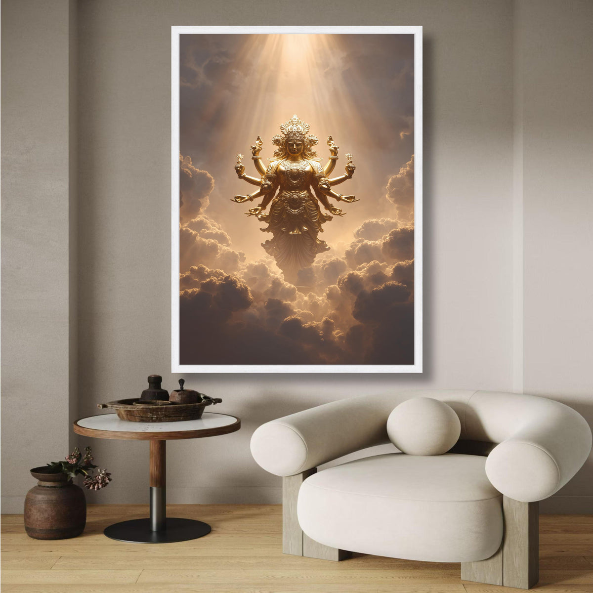 Golden Hindu Goddess Durga Canvas, Spiritual Wall Art, Mystical Divine Decor, Multi-Armed Deity wall decoration, canvas print, wall art