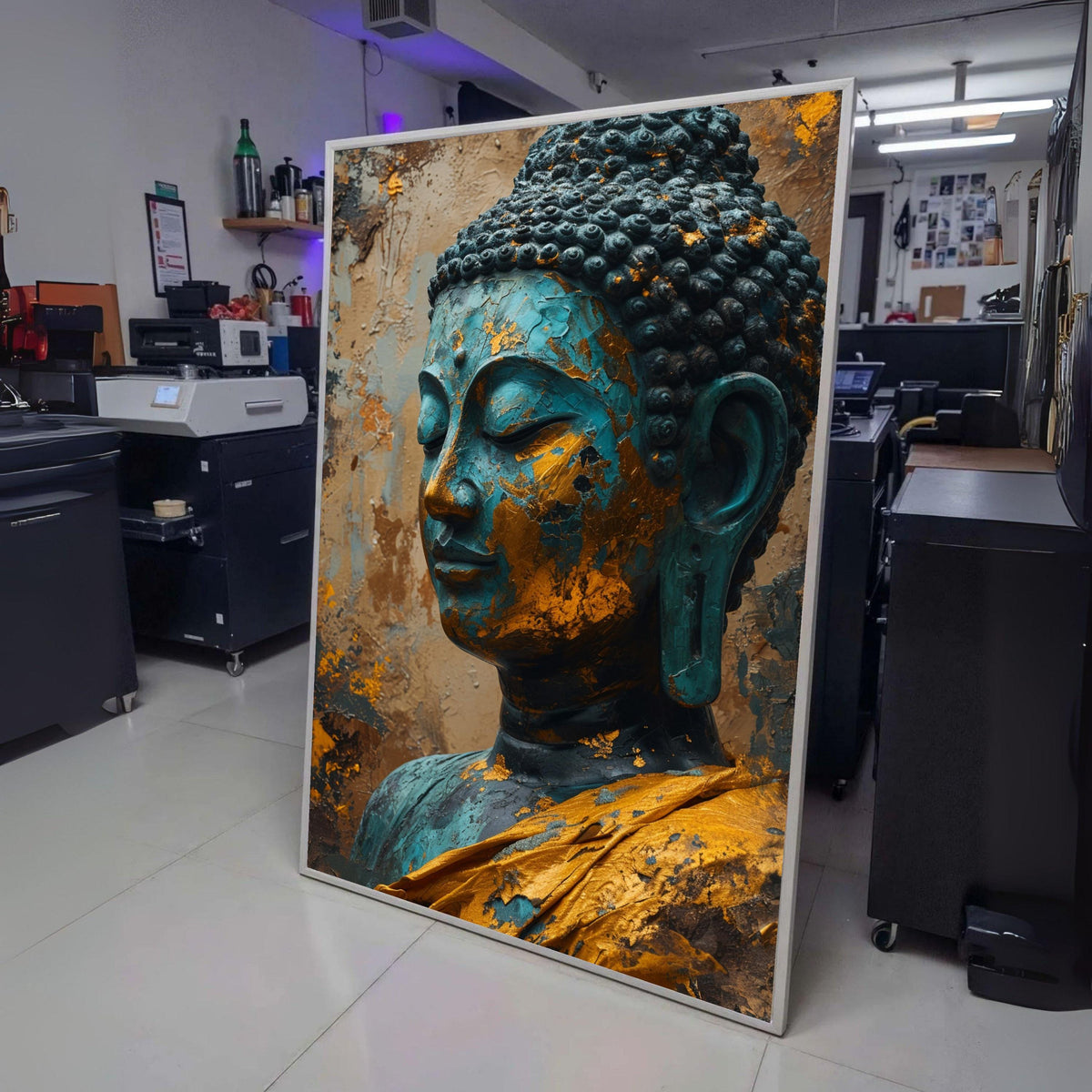 Tranquil Buddha Head Canvas Wall Art, Blue and Gold Patina Statue, Asian Spiritual Decor, Meditation wall decoration, canvas print, wall art