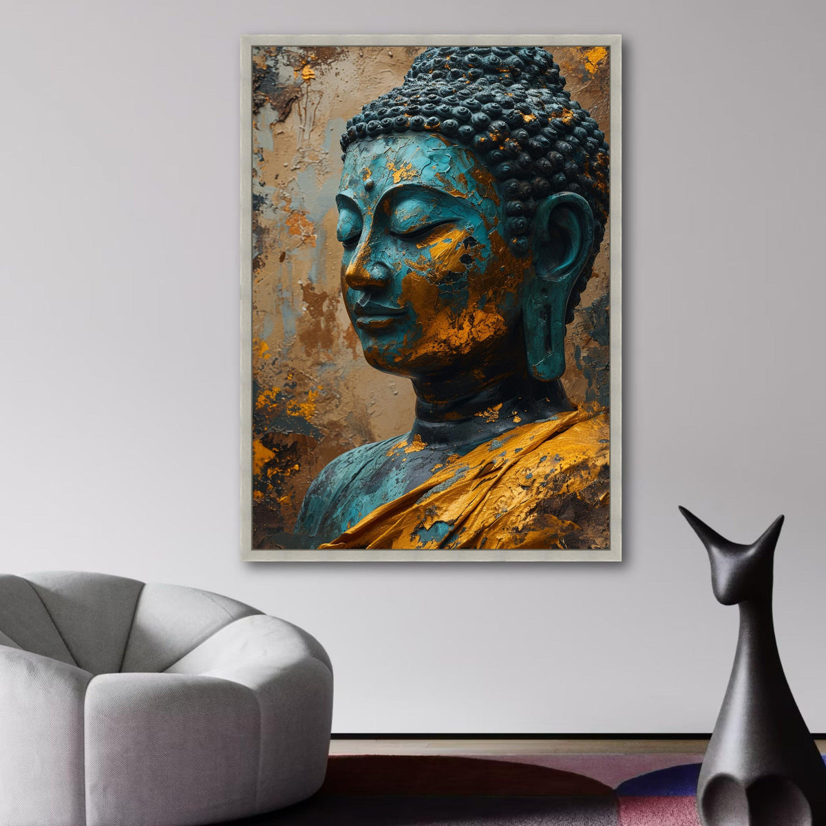 Tranquil Buddha Head Canvas Wall Art, Blue and Gold Patina Statue, Asian Spiritual Decor, Meditation wall decoration, canvas print, wall art