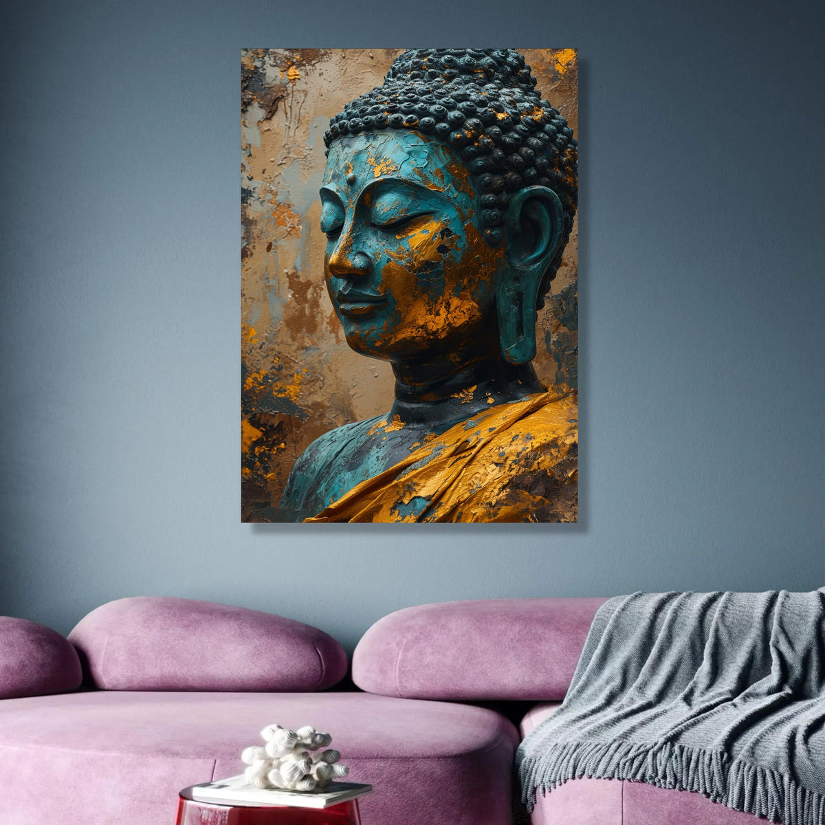 Tranquil Buddha Head Canvas Wall Art, Blue and Gold Patina Statue, Asian Spiritual Decor, Meditation wall decoration, canvas print, wall art