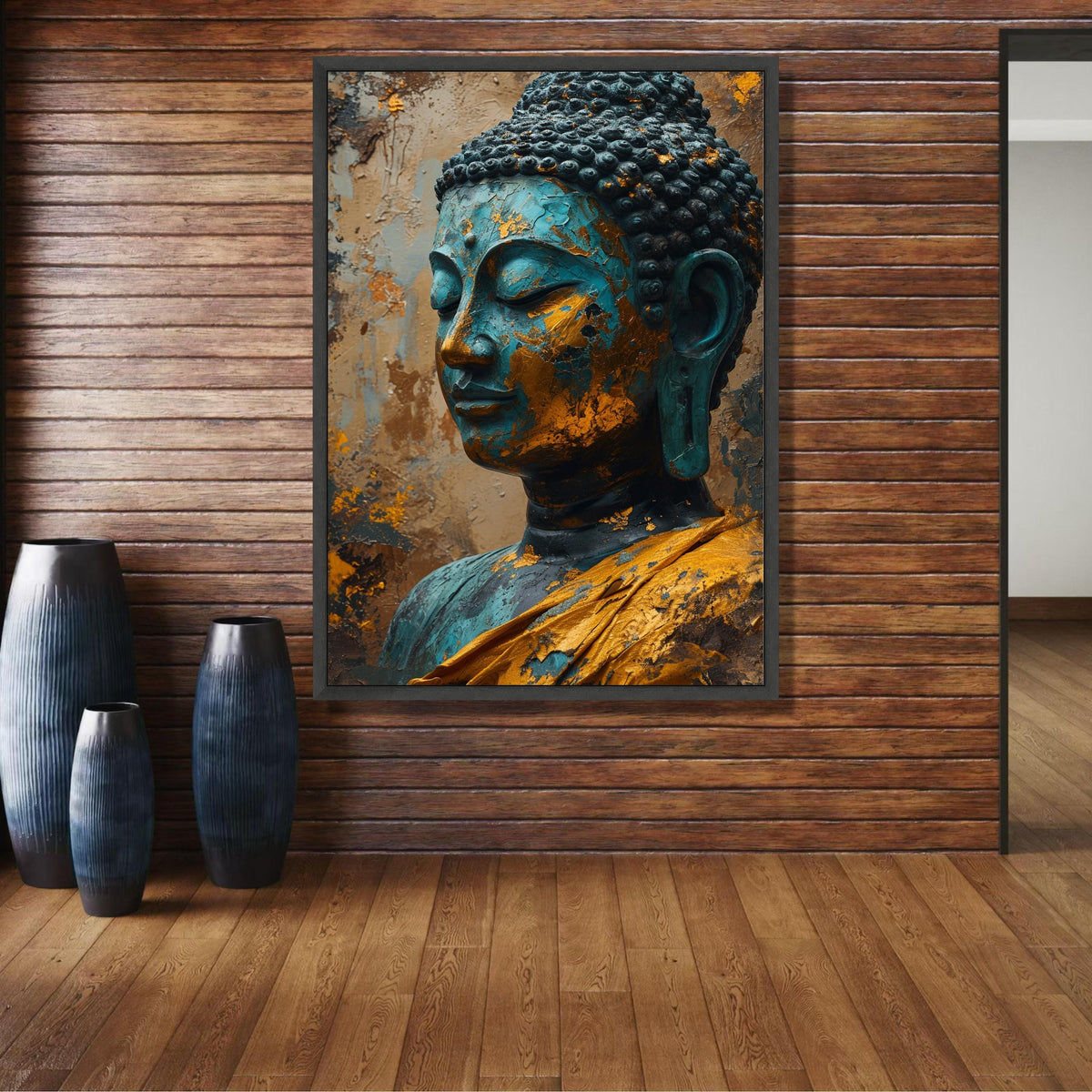 Tranquil Buddha Head Canvas Wall Art, Blue and Gold Patina Statue, Asian Spiritual Decor, Meditation wall decoration, canvas print, wall art