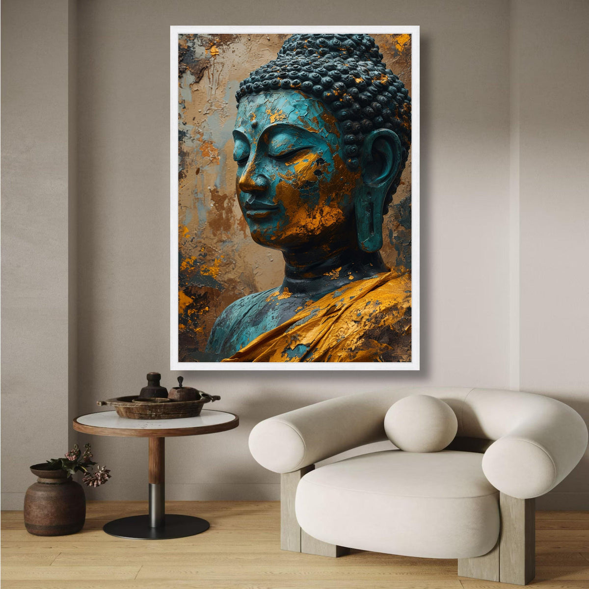 Tranquil Buddha Head Canvas Wall Art, Blue and Gold Patina Statue, Asian Spiritual Decor, Meditation wall decoration, canvas print, wall art