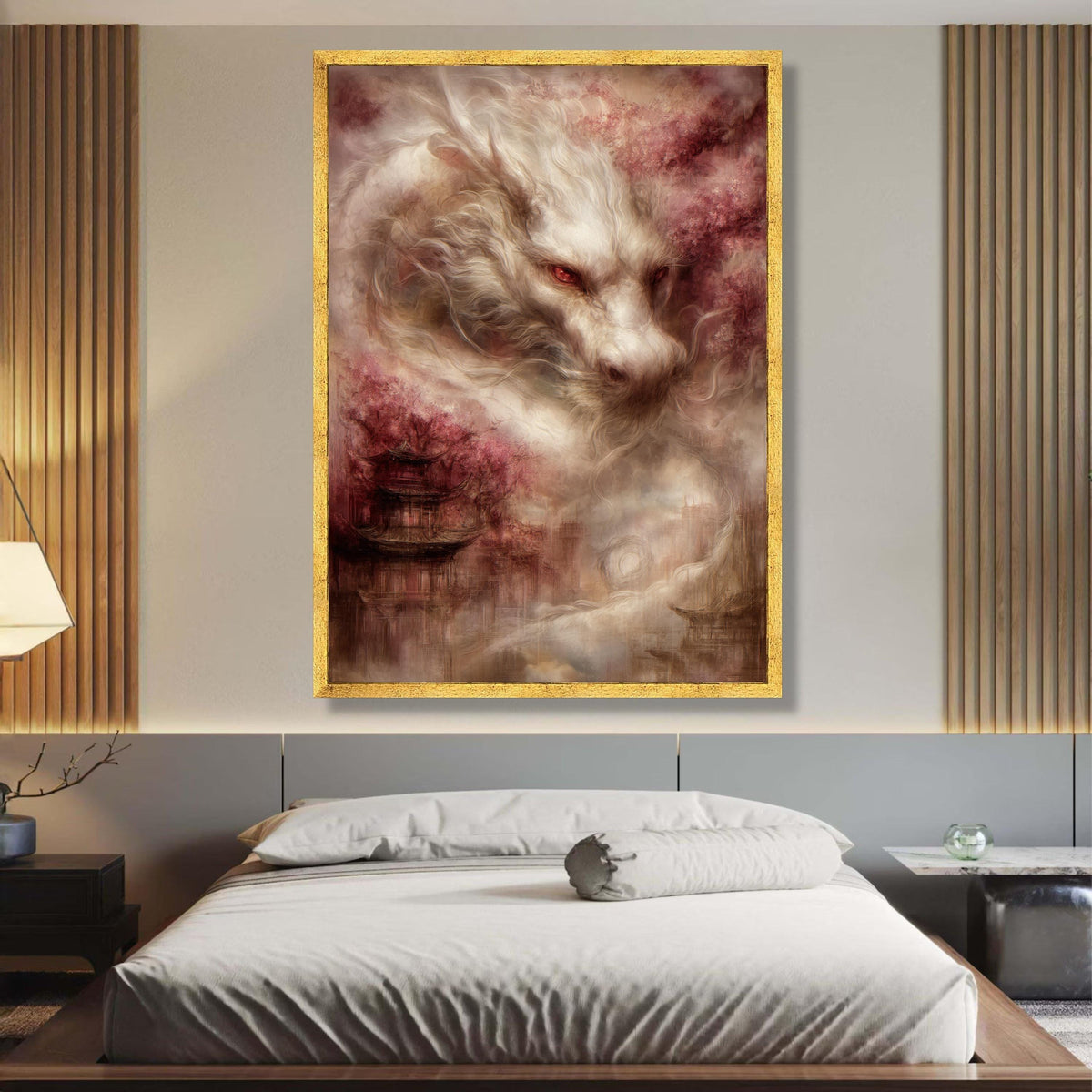 Majestic White Dragon Canvas Wall Art, Asian Fantasy Decor, Mythical Creature Illustration, Oriental wall decoration, canvas print, wall art