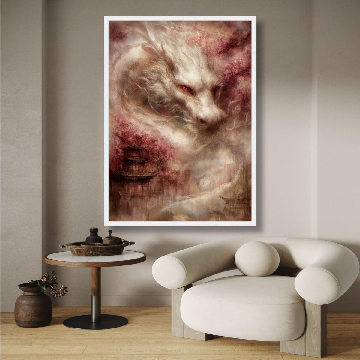 Majestic White Dragon Canvas Wall Art, Asian Fantasy Decor, Mythical Creature Illustration, Oriental wall decoration, canvas print, wall art